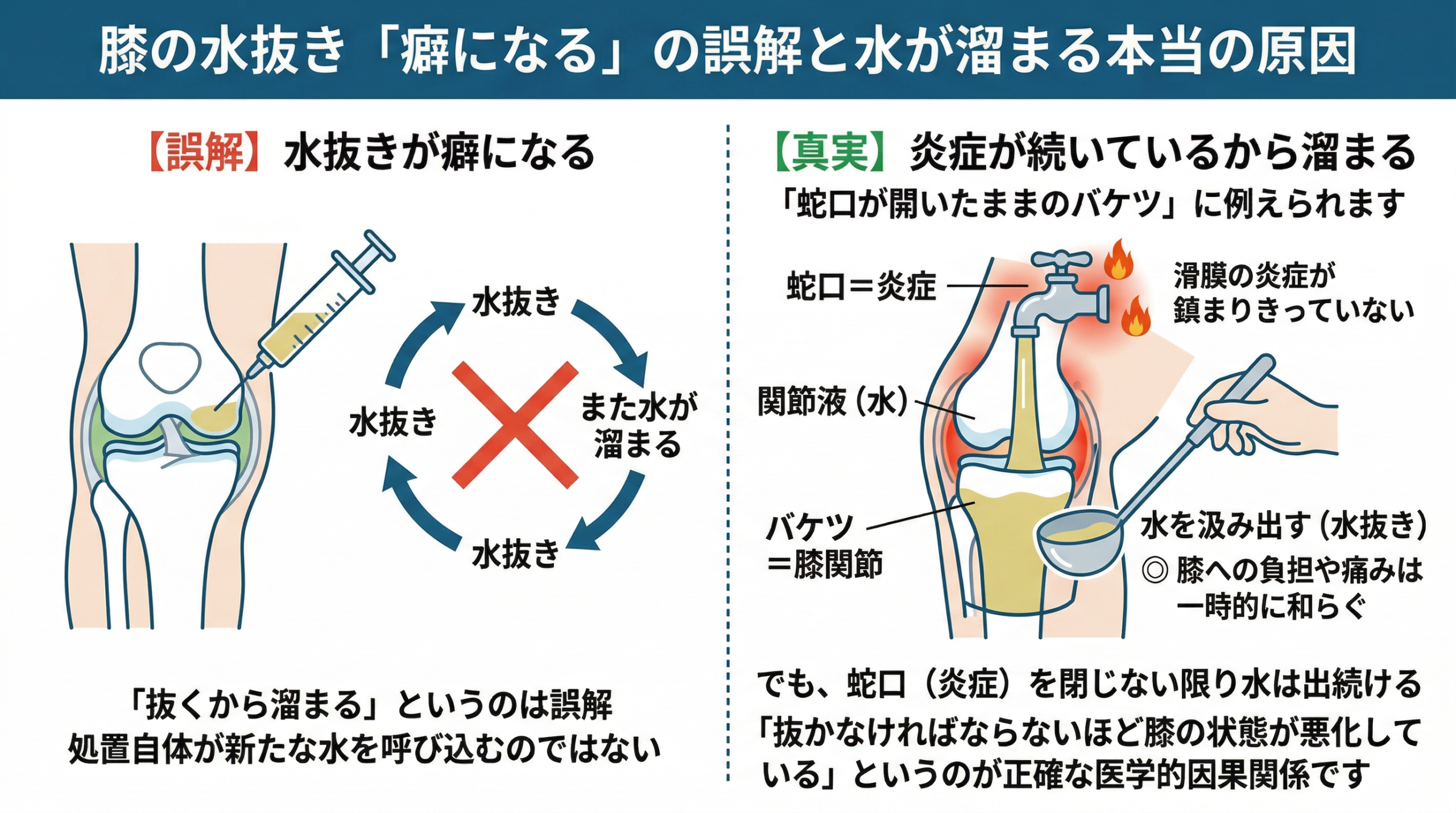 「膝の水を抜くと癖になる」は嘘？痛みの実態と2026年最新治療法