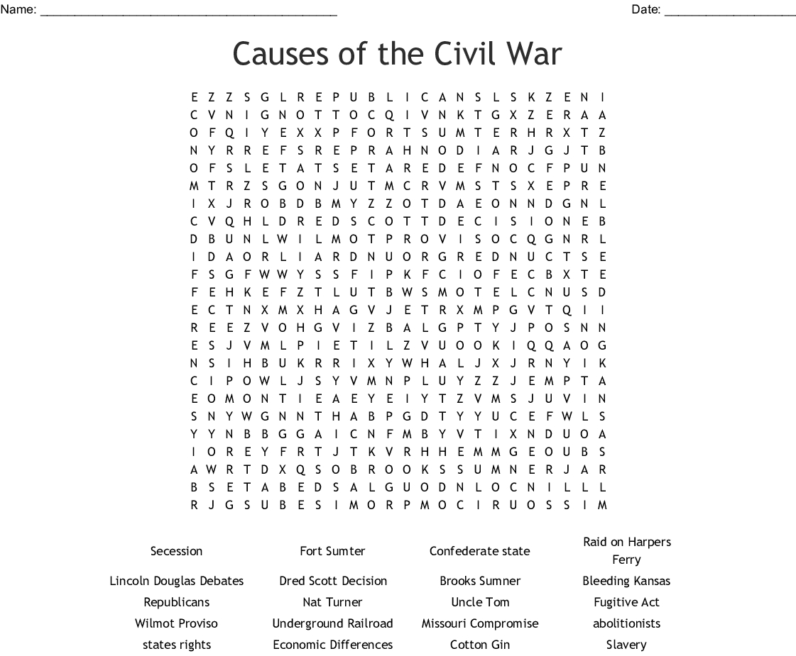 Causes of the Civil War Word Search Answer Key